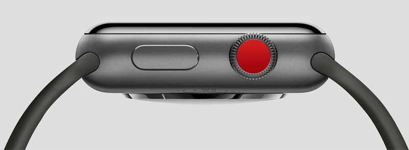 Đồng hồ Apple Watch 3 có gắn SIM - Trang bị nút ấn - xoay Digital Crown màu đỏ nổi bật và nút nguồn